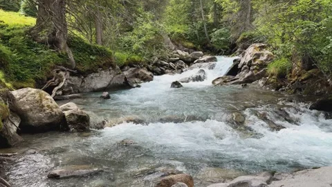 Slow motion of a cascading mountain river and waterfalls in Koenigsleiten, .. Stock Footage 343545769