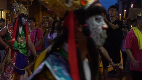 Slow motion Celebration Matsu God. Troupes Ba Jia Jiang painted faces Dance -Dan Stock Footage