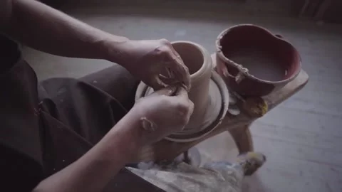 Slow motion. Ceramics studio. Potter at work Stock Footage 143377022