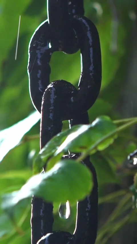 Slow motion Chain hanging from a wall with leaves of plant while water falls Stock Footage 314818543