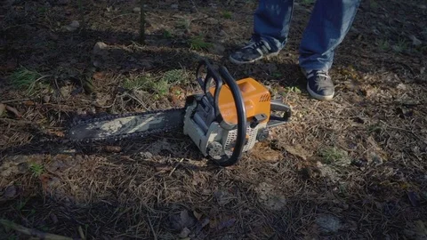 Slow Motion Chainsaw Blade Spinning, Close Up Video stock 73772154