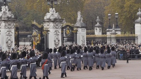 Slow motion changing of the guard at Buckingham Palace in London England Stock Footage 101197948