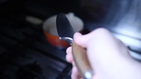 Slow motion Chef checking steel sharp knife for cutting and slicing in kitchen 스톡 동영상 86536528