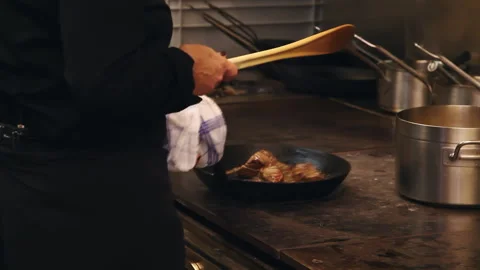 Slow Motion Chef Searing Meat Frying Pan Stock Footage 343397472
