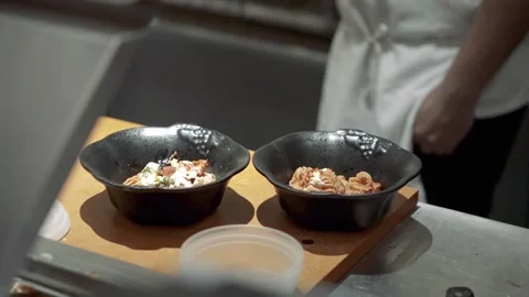 Slow Motion Chef stands behind food at station South Street Seaport NYC 4k Stock Footage 255755584