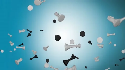 Slow Motion of Chess Pieces being Chess falling on chess in the air loop Stock Footage 186730402