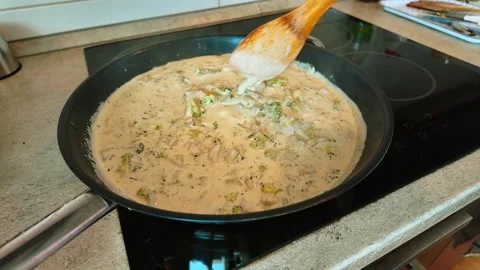 Slow Motion Chicken Broccoli Cream Stirring Stock-Footage 309017155