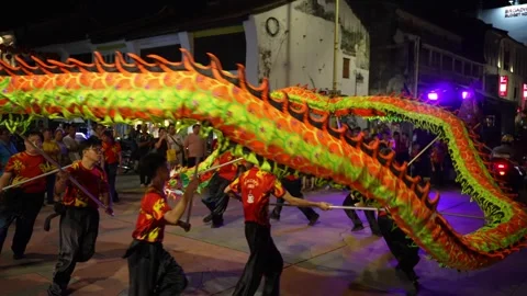 Slow Motion Chinese Dragon Dance Procession at Night Video stock 346245389