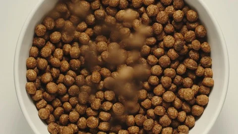 SLOW MOTION: Chocolate cereal balls falling into a white bowl - Top View Stock Footage 100430332