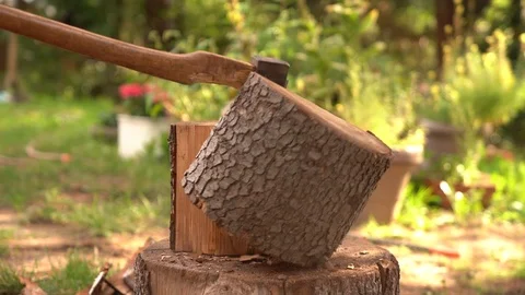 Slow Motion: Choping wood with a chopper. 120 fps video footage Video stock 114567282