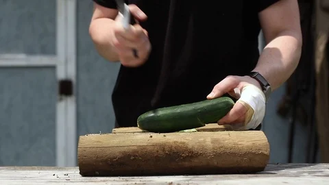 Slow Motion Chopping Up Cucumbers Stock-Footage 113186737