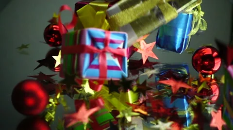 Slow Motion Christmas Gift Boxes an Stars Falls Stock Footage 58321174