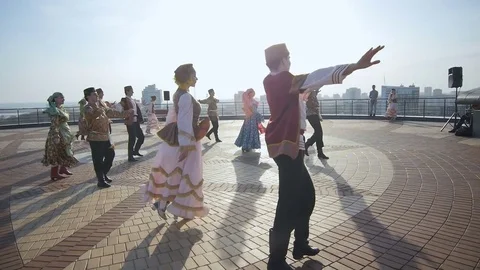Slow Motion Citizens Take Part in Festival by Dancing on Roof Stock Footage 80037828