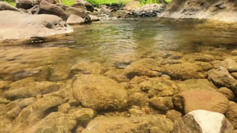 Slow motion of a clear and calm flowing rocky mountain river Stock Footage 323149956