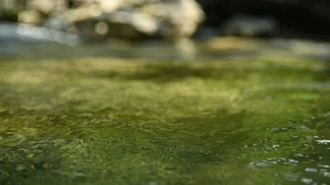 Slow motion: Clear and green water flows in a natural pool next to a waterfall Stock-Footage 211757794