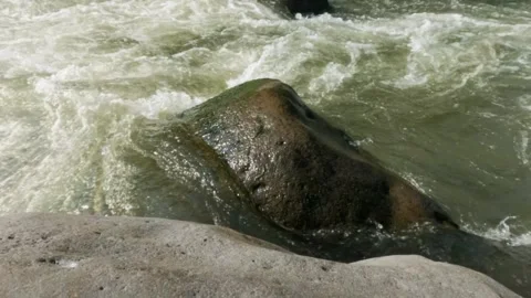Slow motion of clear mountain river water flowing through rocks Stock Footage 320982256