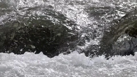 Slow motion of clear mountain river water flowing through rocks Stock Footage 320982313