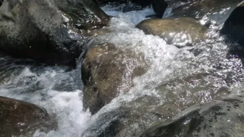 Slow motion of a clear mountain river flowing through a rocky cascade Stock Footage 321264871