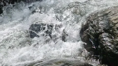 Slow motion of a clear mountain river flowing through a rocky cascade Stock Footage 321265054
