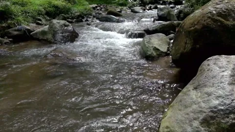 Slow motion clear river water flowing through rocks Stock Footage 297652136