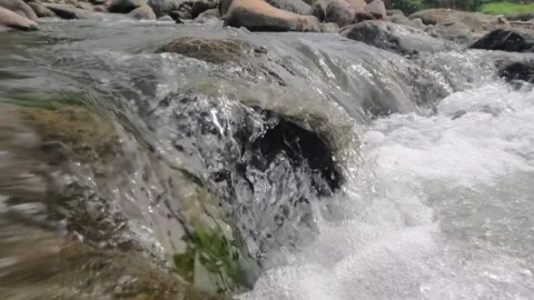 Slow motion of clear rocky mountain river water flow Видео 320921498