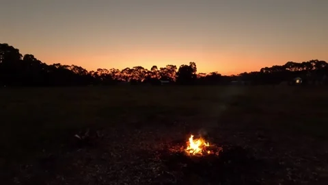 Slow motion clip of campfire at sunset with dancing embers Stock Footage 324691408