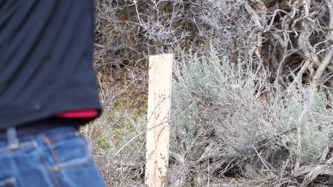 Slow-Motion Clip Of Man Shooting A Piece Of Wood With A Shotgun Stock-Footage 77313701
