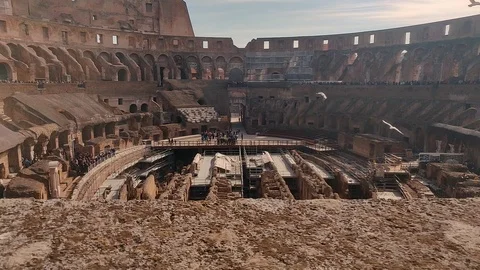 Slow motion clip of a seagull landing inside of the Rome Coliseum in Italy Stock Footage