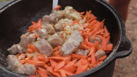 Slow motion close-up of adding and stirring sliced carrots with fried lamb .. Stock Footage 319660673