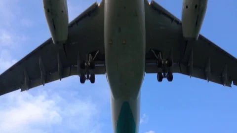 SLOW MOTION CLOSE UP: Airliner plane taking off and rising into sky above camera Stock Footage 82258508