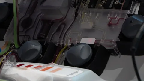 Slow Motion Close Up of Apheresis Machine Spinning Mechanisms &amp; Pulsating Lines Stock Footage 316271556