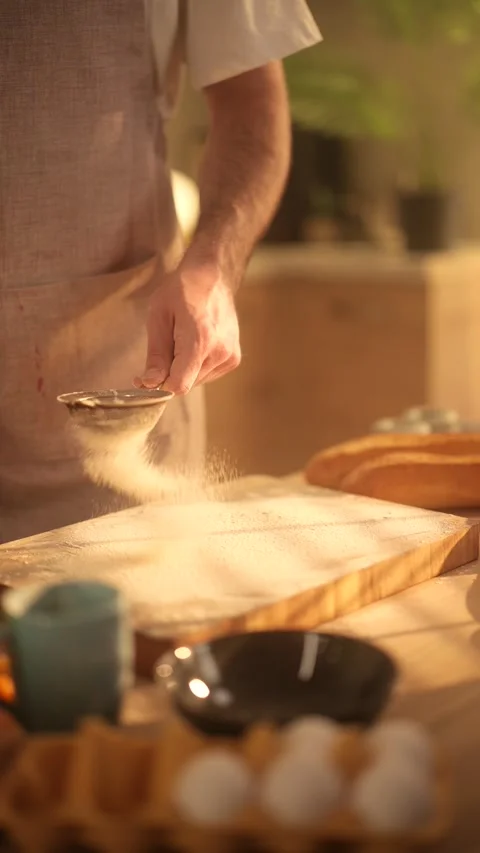 A slow-motion close-up of a baker hand sifting flour onto a wooden surface Stock Footage 304373304
