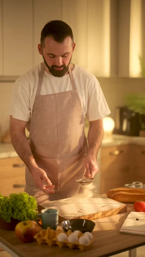 A slow-motion close-up of a bearded man in an apron sifting flour onto a wooden Stock Footage 304373255