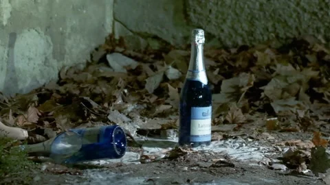 Slow motion close-up of bottle of champagne exploding from gunshot's impact Stock Footage 168889546