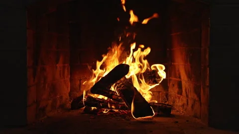 Slow motion close-up of bright orange flames dancing over burning firewood logs Video stock 347868898