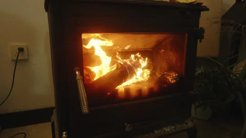 Slow Motion Close-up of Burning Firewood in a Cast Iron Wood Stove Indoors Stock Footage 342384741