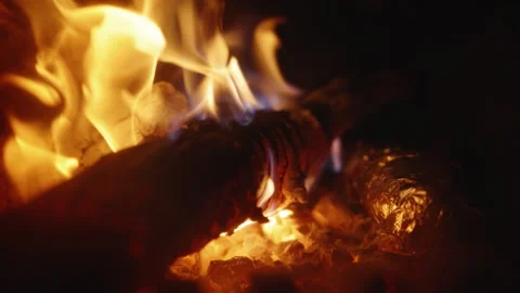 Slow Motion Close-up of Burning Firewood and Embers in a Stove Stock Footage 342395081