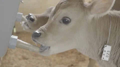 Slow Motion Close-up of Calf Drinking Milk from Bucket Feeder, Organic Farm Stock Footage 320632742
