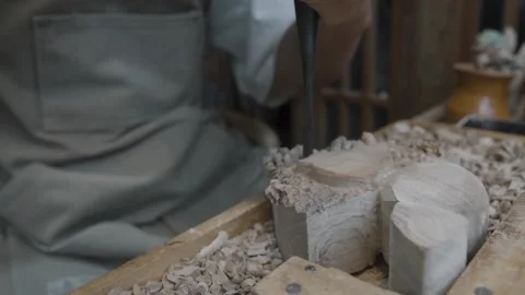 Slow Motion Close Up of a Carpenter Working with the Wood at His Workshop Stock Footage 246311049