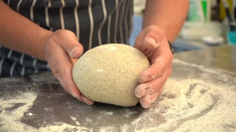 Slow Motion Close Up - Chef Kneading Sourdough Bread Stock Footage 283666882