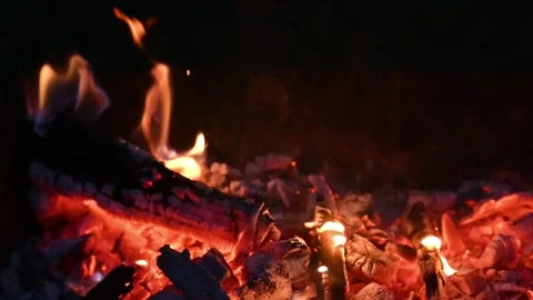 Slow motion close-up of a cozy campfire burning at night, side view. Captures Stock Footage 312264557