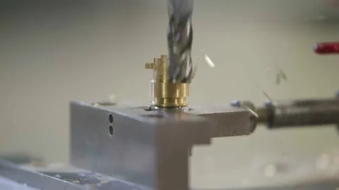 Slow Motion Close up of Drill Bit Mill Fabricating Metal with Shavings Stock Footage 161801998