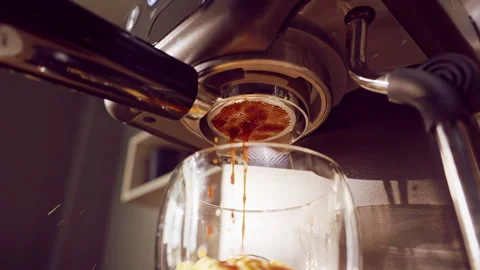 Slow Motion Close Up Of Espresso Machine Showing Incorrect Bottomless Portafilte Stock Footage 326629692