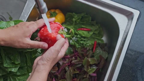 Slow motion Close-up Female Hands Washing Red Sweet Pepper under Water Stream or Stock Footage 273131287