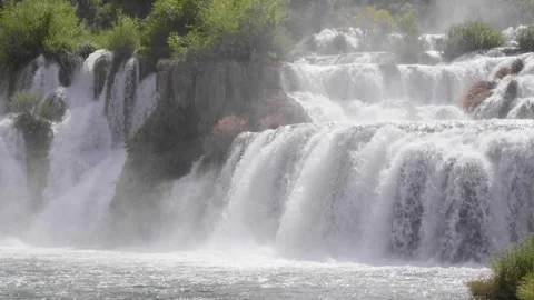 Slow motion close up of flowing waterfall, Krka Skradinski Buk, Croatia Stock Footage 294529516