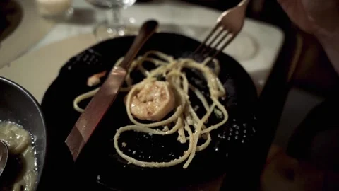 Slow Motion Close up of fork pasta Shrimp Manhattan NYC 4k Stock Footage 255755588