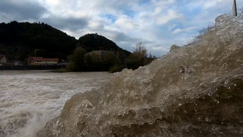 Slow motion close up forward moving behind concrete wall Stock Footage 120391293