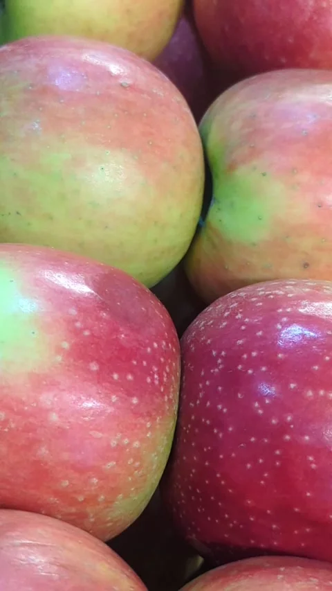 Slow Motion Close-Up of Fresh Red Gala Apples in a Pile at the Market Stock Footage 328973416