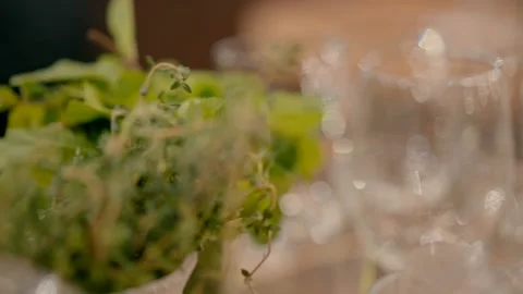 Slow motion close up of glasses with mint next to them Video stock 224860294