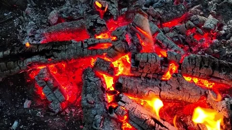 Slow Motion Close Up of Glowing Coals and Fire Flames on Black Background Stock Footage 342162071